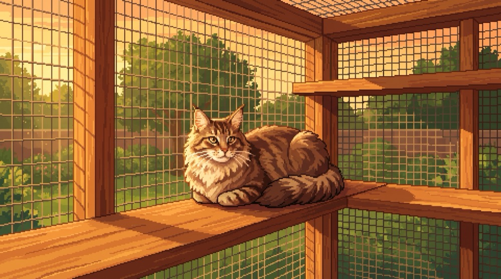 Louie the cat in his catio, pixel-art