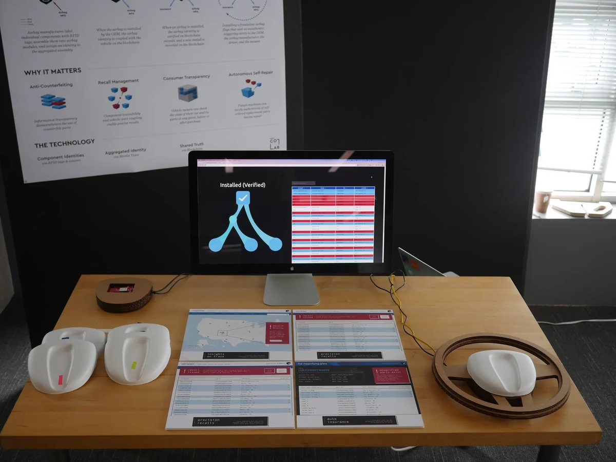 The Blokmotiv demo table: a monitor showing a verified installation, printed stakeholder dashboards, white 3D printed airbag modules and a cardboard steering wheel with a scanner.