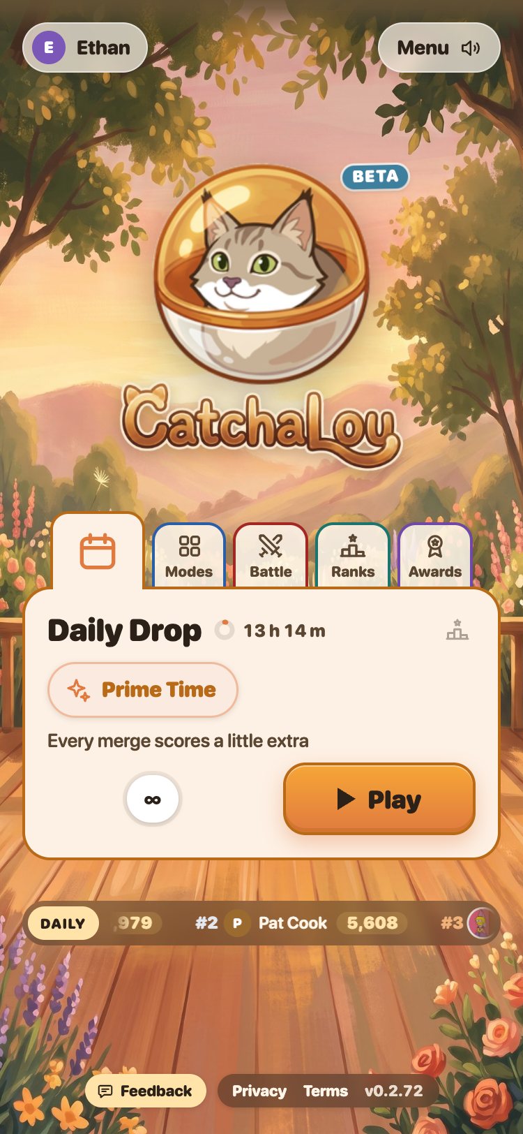 CatchaLou home on a phone: compact logo, tabs for Daily, Modes, Battle, Ranks and Awards, a Daily Drop card with a Play button, and a live rank strip.