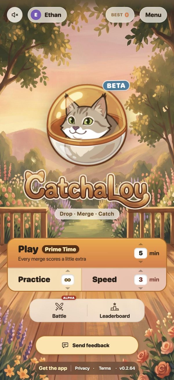 The previous CatchaLou home: a large logo, one big Play tile with a length dial, Practice and Speed tiles, then Battle and Leaderboard.