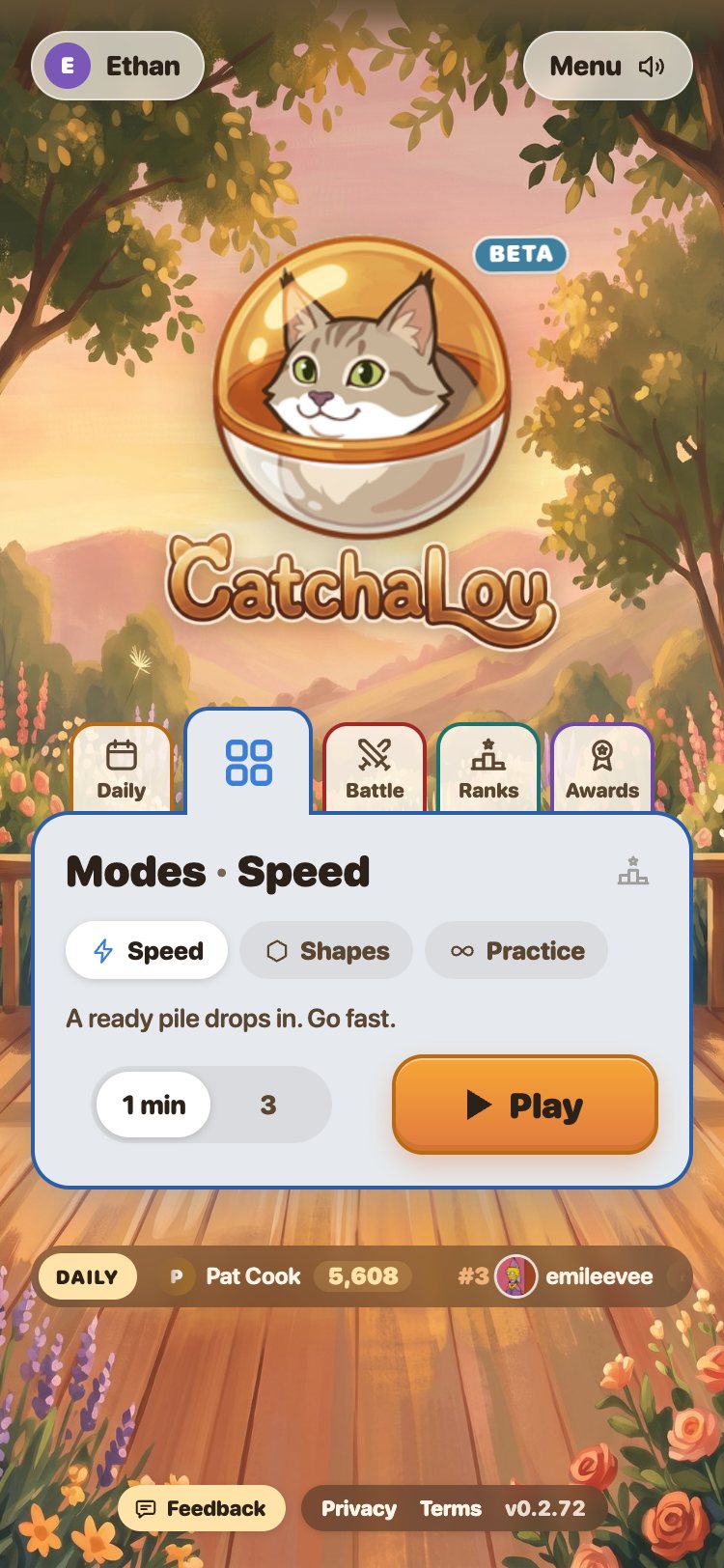 CatchaLou modes tab on a phone: Speed, Shapes and Practice chips, a one or three minute toggle, and a Play button.