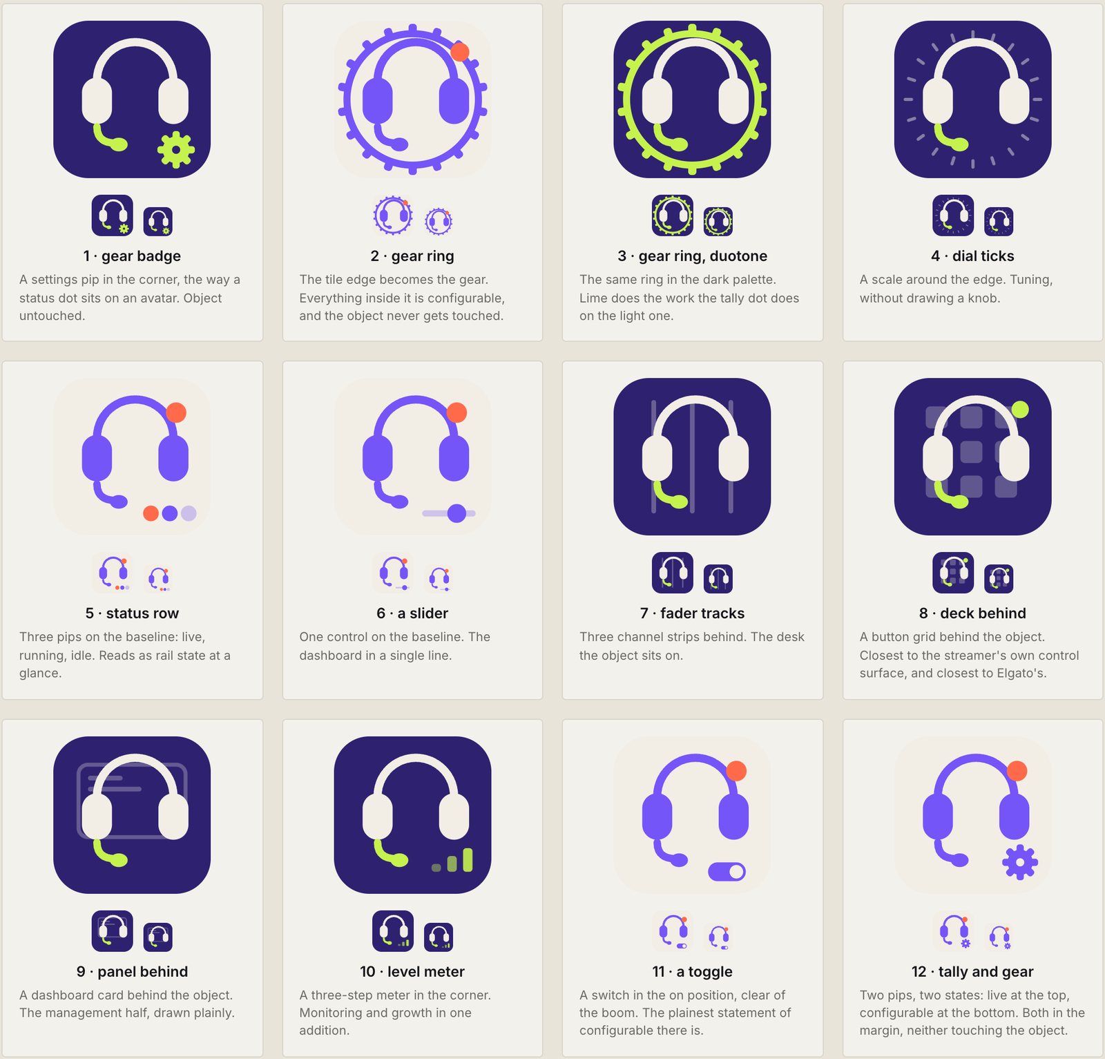 Mark sheet ten: twelve app-tile marks of a headset with a boom mic, each with a small-size pair, including a gear ring and a status row.