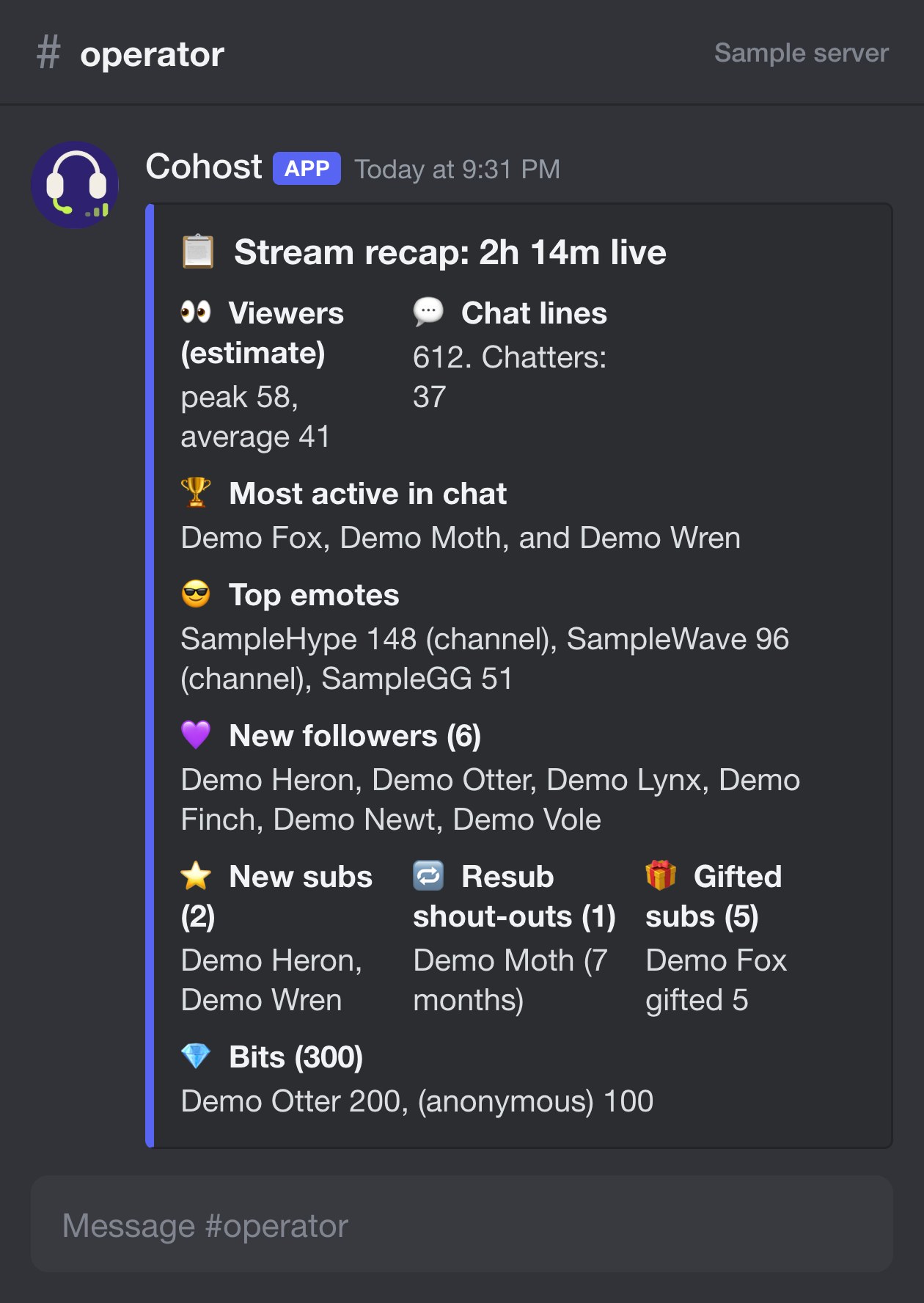 A Discord card with a blue left bar titled Stream recap: 2h 14m live, with sample data. Fields show viewers, chat lines, most active chatters, top emotes, new followers, new subs, resub shout-outs, gifted subs and bits, all with fictional names.