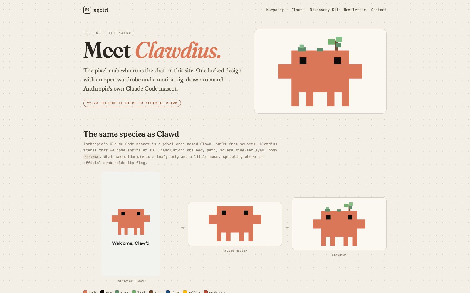 The Clawdius character page: Meet Clawdius, a pixel crab in rust orange, with a row of pose variants below.