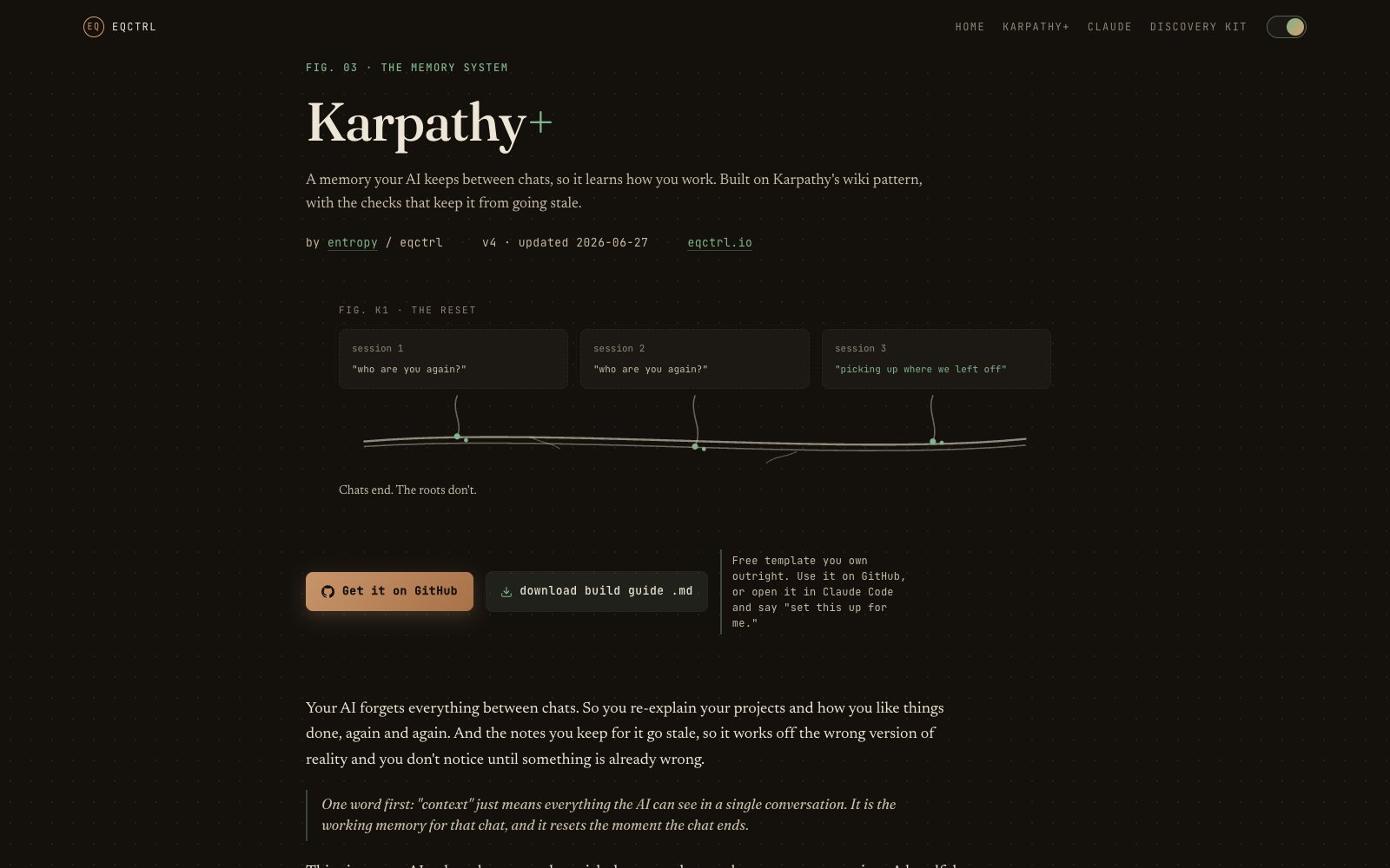 The Karpathy+ page: persistent memory for your AI, with a step diagram and a GitHub button.