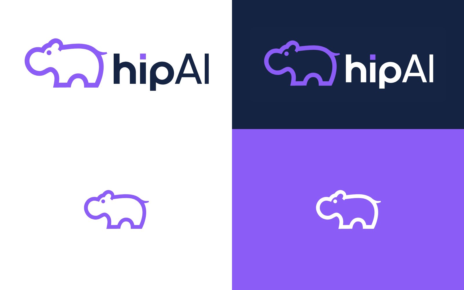 HipAI brand sheet: the hippo lockup in purple and navy on white, reversed on navy, and the icon alone on white and on purple.