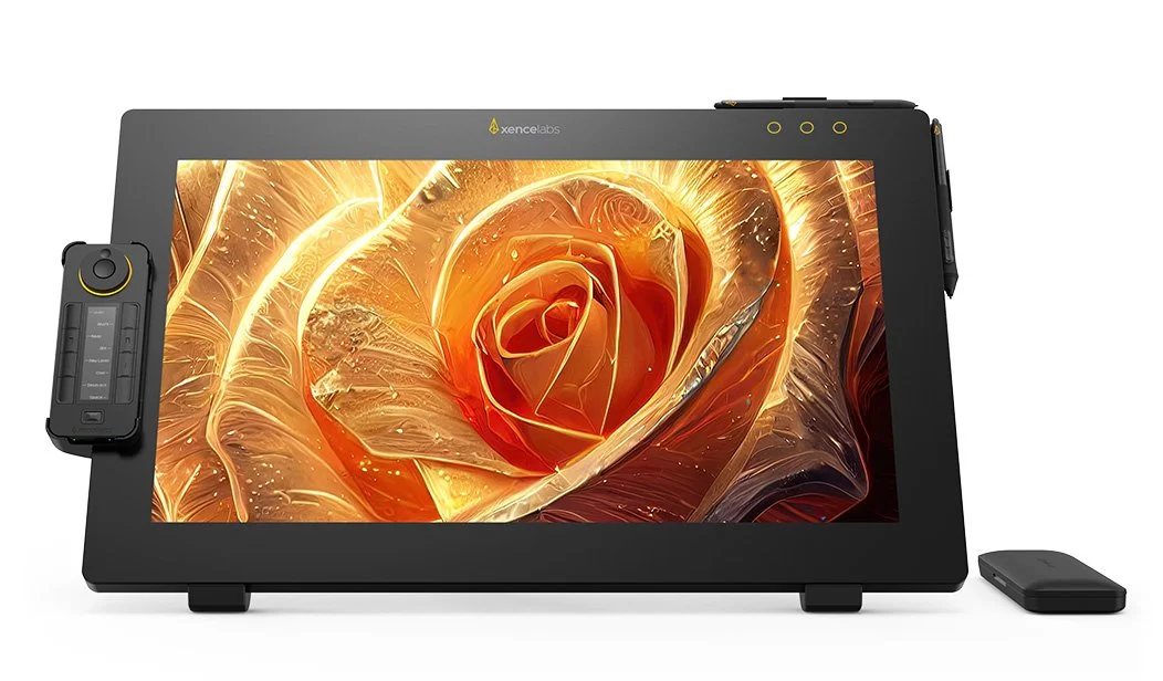 The Xencelabs pen display on a stand, showing an orange rose, with the quick keys remote and pen case beside it.