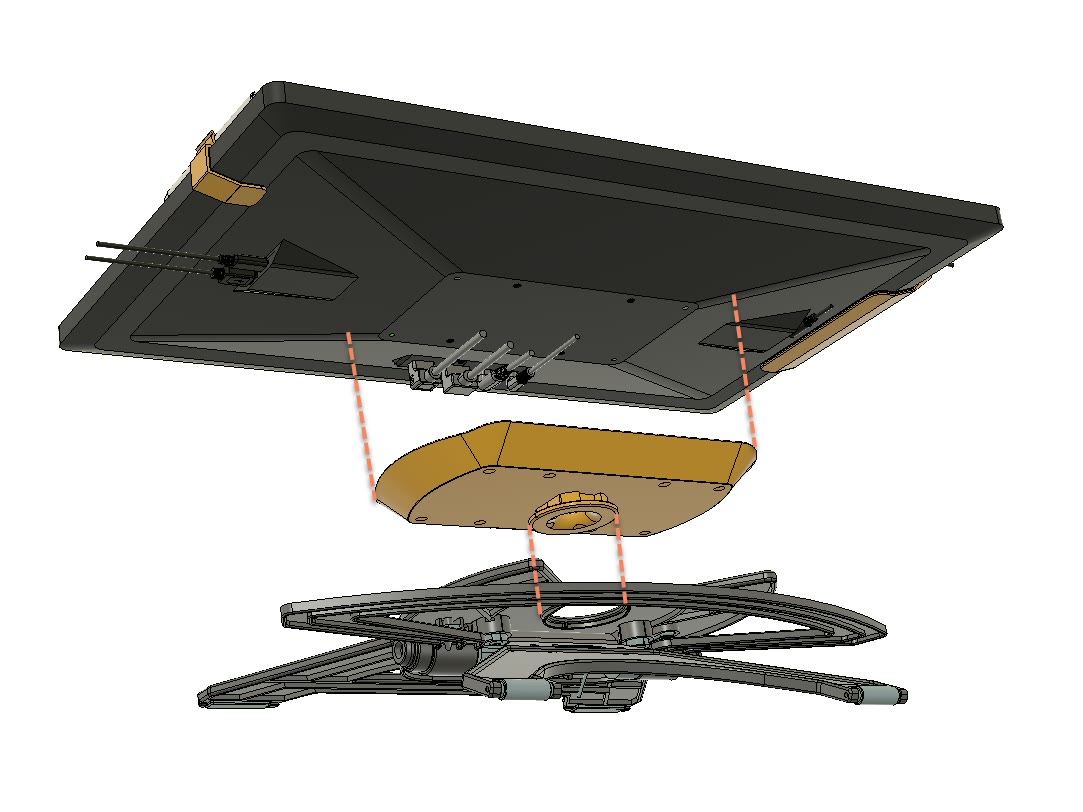 CAD exploded view: a pen display above its mount plate, with the stand base below and dashed lines showing how the parts join.