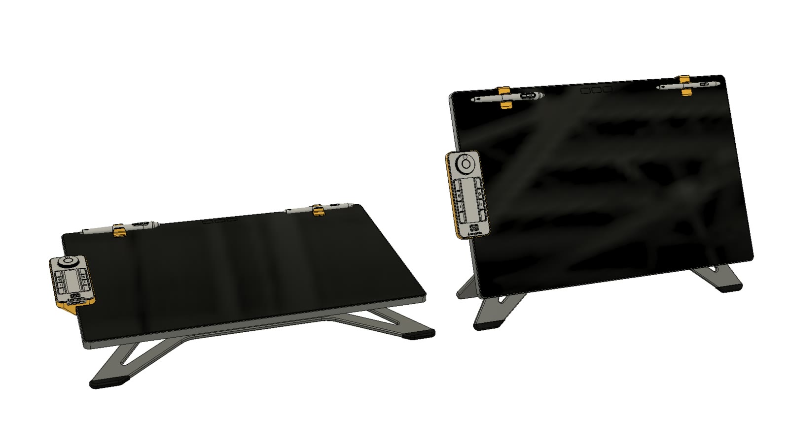 CAD render of a pen display on a folding stand, shown lying low and standing upright, with the quick keys remote at its edge.