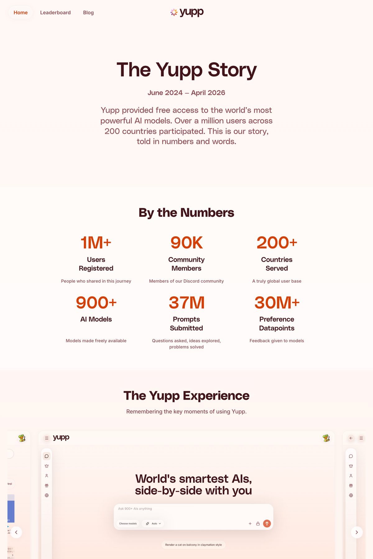 The top of Yupp's recap page: The Yupp Story, June 2024 to April 2026, then By the Numbers with 1M+ users registered, 90K community members, 200+ countries, 900+ AI models, 37M prompts and 30M+ preference datapoints.